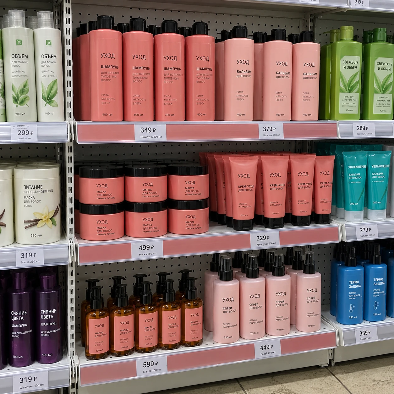 Иллюстрация готовности к запуску: шесть позиций ухода за волосами собраны в полный блок на трёх полках, для каждой группы размещён свой ценник